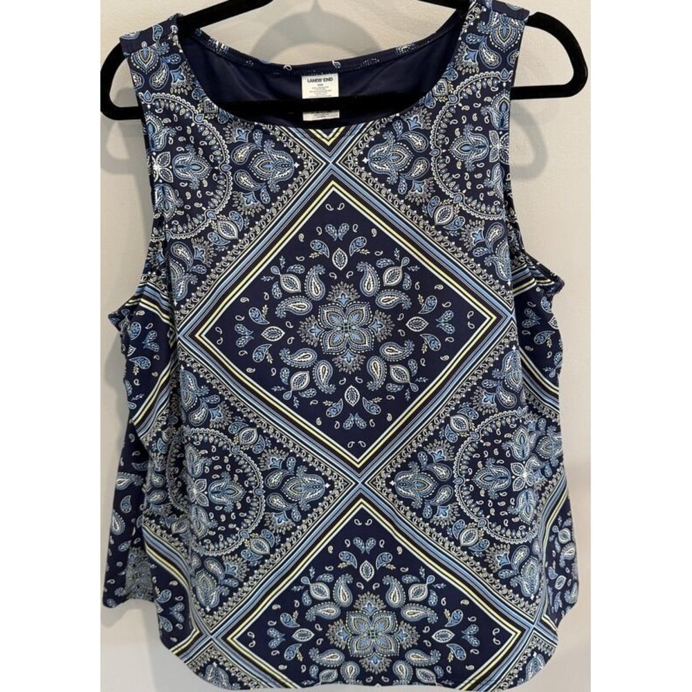 Lands End Womens Tankini Swimsuit Navy Blue Print High Neck Modest Size 20W